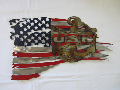 US NAVY Logo and Battle Torn American Flag